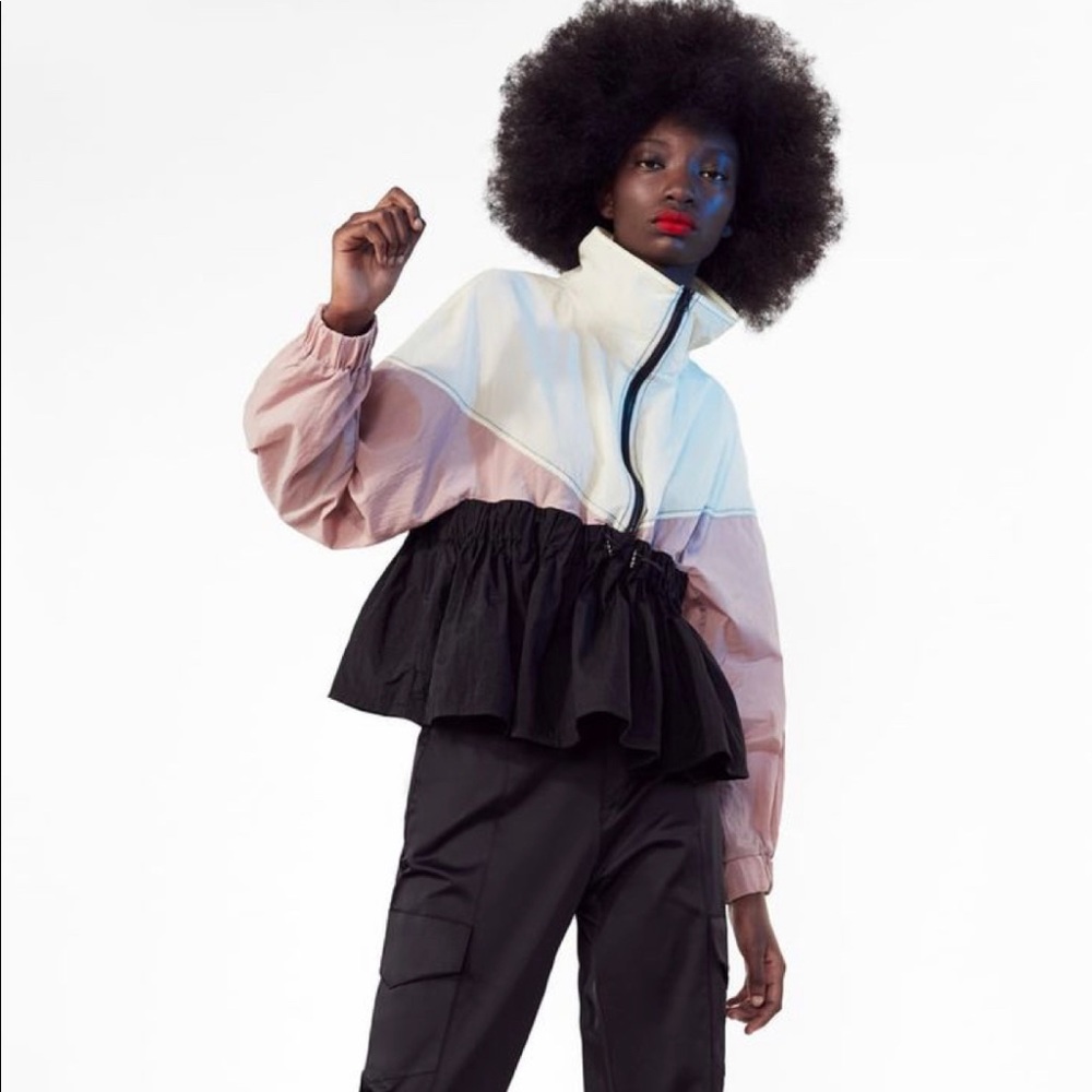 Zara Block Color Nylon Jacket in Off White/Mauve/Black, size M
